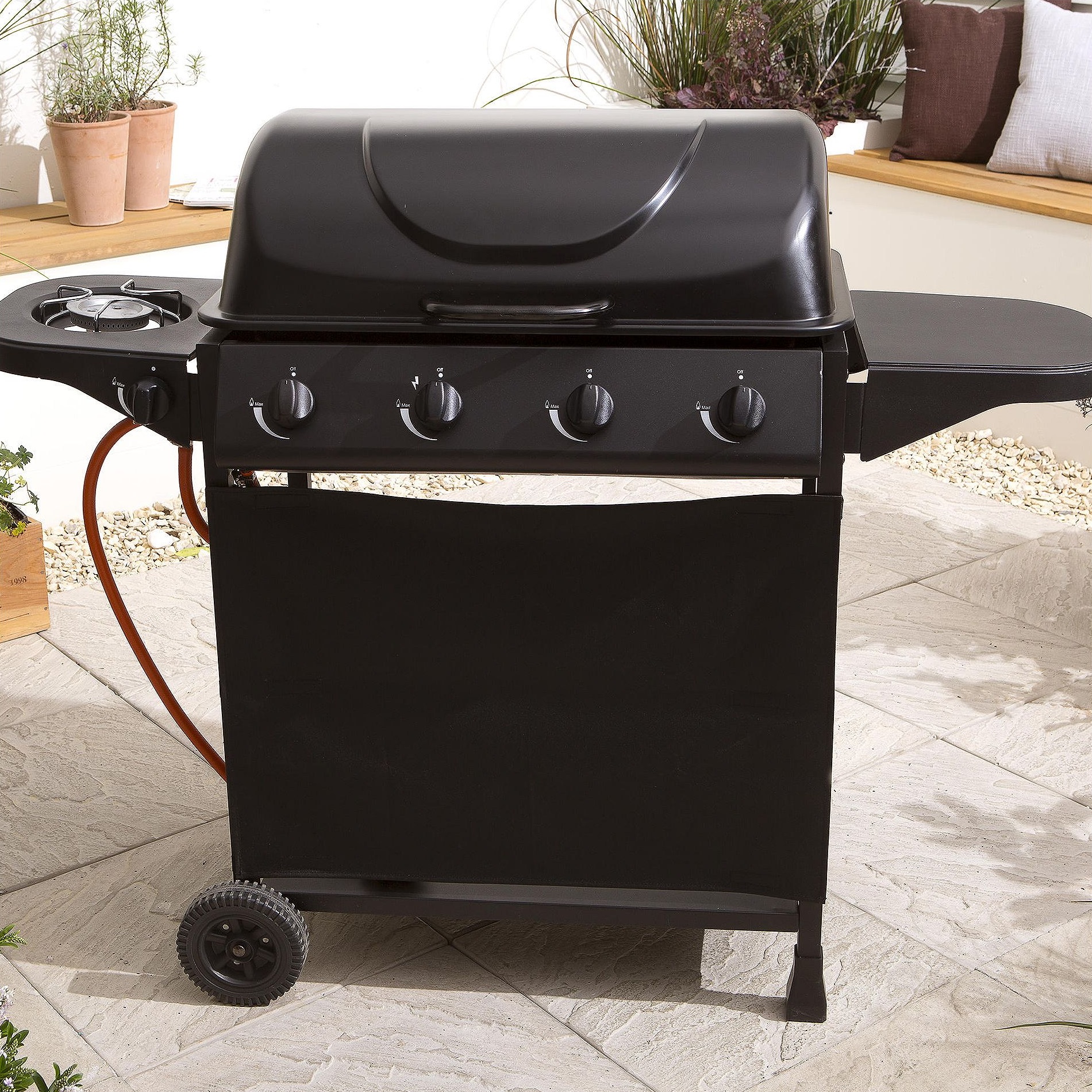 NEW Tesco 4 Burner Gas BBQ with Side Burner and Warming Rack & Cover Black eBay